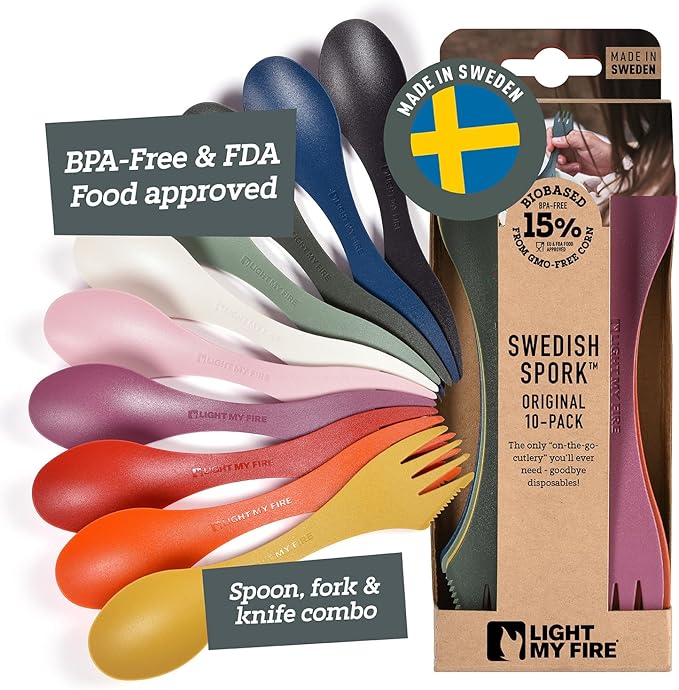 Light My Fire Spork Original 10-Pack 3-in-1 Camping Spoon Fork Knife Combo Reusable Travel & Camping Utensils Lunch Spork Outdoor Backpacking Hiking Picnic Utensil BPA Free