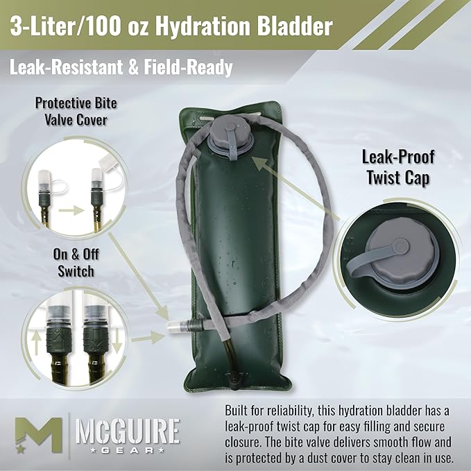M MCGUIRE GEAR Hydration Bladder, 3L/100 oz. Water Bladder, Leak Proof Hydration Pack, Water Reservoir with Insulated Drinking Tube for Hiking, Cycling, and Biking