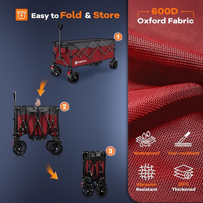 48" L Collapsible Wagon Cart Foldable, 560LB Weight Capacity 300L Heavy Duty Folding Beach Wagons with Big All-Terrain Wheels, Utility Carts for Groceries, Shopping, Camping, Sports - Grey&Red