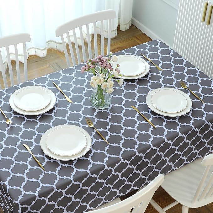 Romanstile Square Plastic Tablecloth, 100% Waterproof Oil-Proof Checkered PVC Table Cloth, Heavy Duty Vinyl Table Cover for Dining, Camping, Picnic, Outdoor - 54 x 54 Inch, Moroco Grey