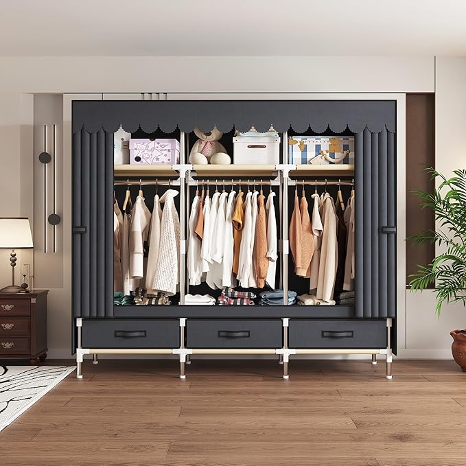 Portable Wardrobe Closet Durable and Easy to Assemble Heavy Duty Clothes Rack with Non-Woven Cover Fabric Best for Bedroom and Easy Storage and Organization (Grey-A)