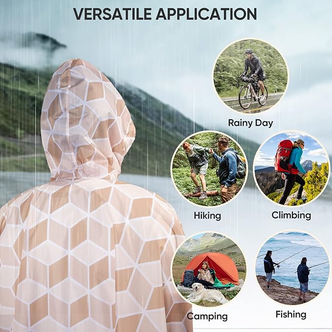 PTEROMY Hooded Rain Poncho for Adult with Pocket, Waterproof Lightweight Unisex Raincoat for Hiking Camping Emergency