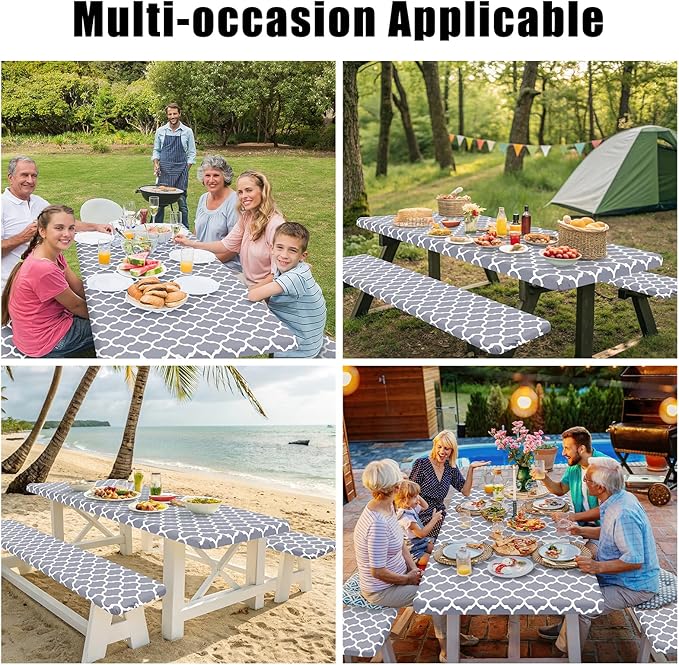 Smiry Picnic Table Cover with Bench Covers, Waterproof Elastic Fitted Tablecloth for 8 Foot Tables, Washable Polyester Tablecloths for Camping, Indoor & Outdoor (Grey Morocco, 30x96 Inch 3-pc Set)