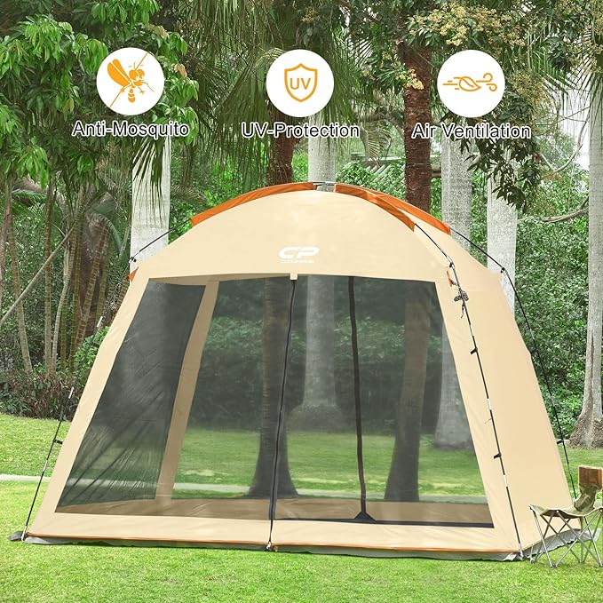 CAMPROS CP Screen House Room with 1 Side Wind/Sun Panel Canopy Tent Camping Tent Screen Shelter Gazebos for Patios Outdoor Camping Activities, 10'X10'X86in(H) - Beige