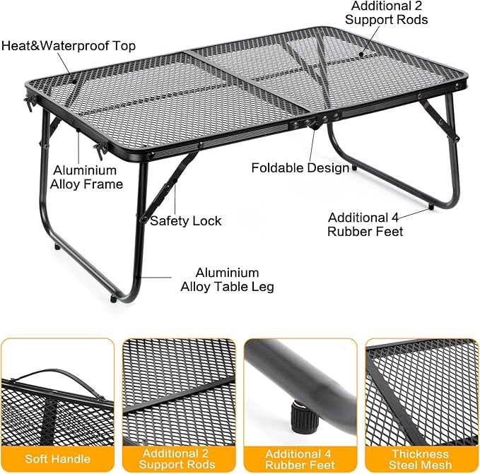 Grill Table Camping Table 2FT Foldable Small Folding Table Low Picnic Table Portable Stand Mesh Outdoor Indoor Card BBQ RV Black 23.6×15.7×9.5 inch