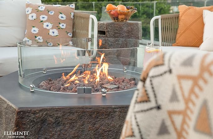 Elementi | Bundle Columbia Gas Fire Pit Cast Concrete Semi-Round Fire Table, Outdoor Fire Pit Electronic Ignition | Canvas Cover, Lava Rock Included | Natural Gas