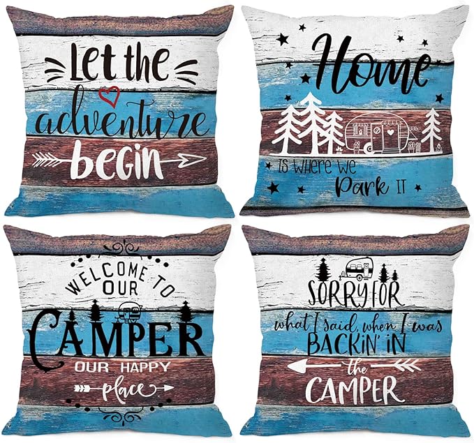 Rustic Welcome to Our Camper Let The Adventure Begin Throw Pillow Cover Pillowcase 18x18 Inch (Set of 4) Decor, Camper Rv Farmhouse Sofa Bed Bedroom Home Decoration