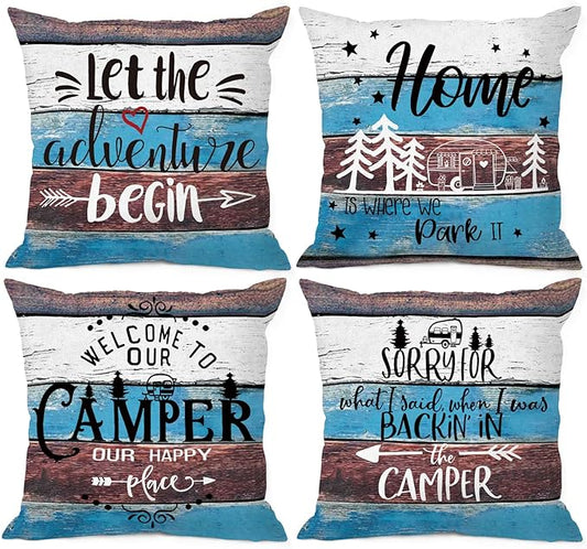Rustic Welcome to Our Camper Let The Adventure Begin Throw Pillow Cover Pillowcase 18x18 Inch (Set of 4) Decor, Camper Rv Farmhouse Sofa Bed Bedroom Home Decoration