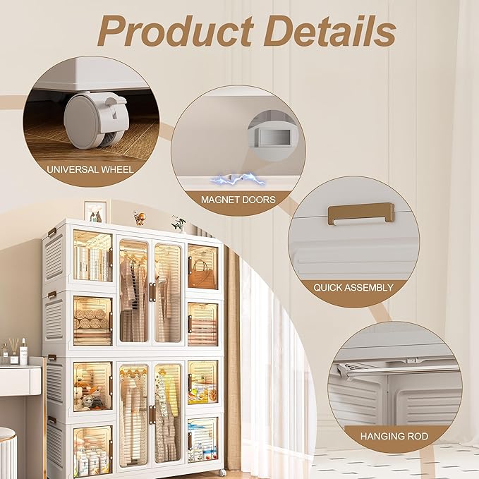 Collapsible Expandable Wardrobe Closet, Multi-Function Plastic Wardrobe,Wardrobes Storage Cabinet (12 Cubes+2 Hanging Rod)