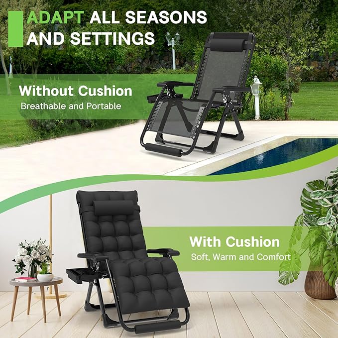 ZENPETIO 29In XL Zero Gravity Chair w/Cushion, Zero Gravity Recliner Lounge Chair for Indoor and Outdoor, Reclining Camping Chair for Lawn, Anti Gravity Chair with Cup Holder and Footrest, 440LBS