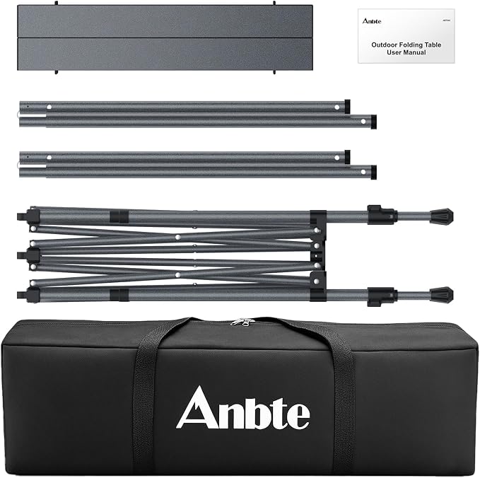 Camping Table Foldable, 2 Adjustable Height 34.2”, Large Roll Up Camping Table Support 264lbs with Storage Basket and Bag, Aluminum Outdoor Table, for Picnic Travel BBQ, 39.4” x 19.7”, Black