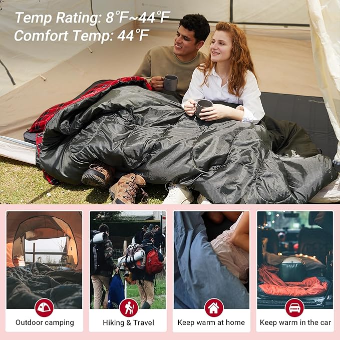KingCamp Double Sleeping Bag for Adults, Queen Size 2 Person XXL Flannel Sleeping Bag, Waterproof Lightweight Flannel Quilt with 2 Pillows, Perfect for Couples Family Camping Hiking