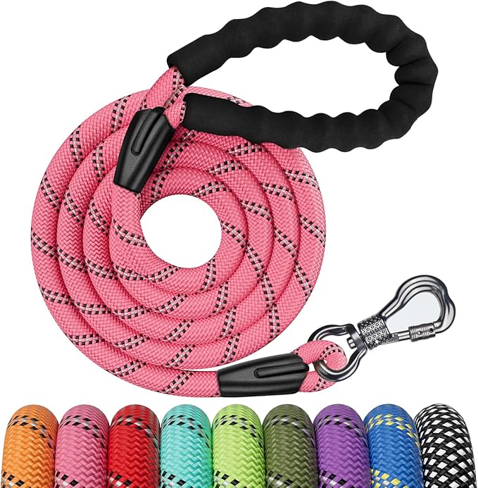 NTR 6FT Heavy Duty Dog Leash, Pink Rope Dog Leash with Swivel Lockable Hook and Comfortable Padded Handle, Cat Puppy Leash Lead for Small Medium Large Dogs Training, Playing, Camping,or Backyard