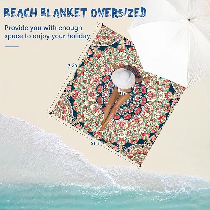 Beach Blanket Waterproof Sandproof 1-7 Adult Oversized 78 '' × 81 '' Lightweight Durable Compact Sand Free Beach Mat for Travel Camping Hiking Picnic Blanket Extra Large