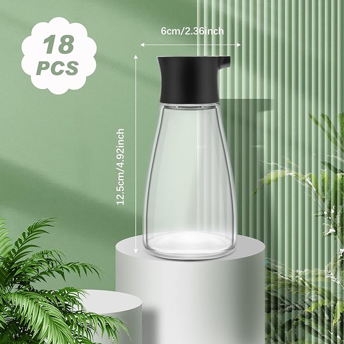 Tanlade 18 Pcs Soy Sauce Dispenser Leakproof Cruet Dispenser Set Small Sauce Bottles Glass Soy Container Oil Dispensing Bottles Seasoning Vinegar Cruet with Lid for Kitchen Cooking, Black