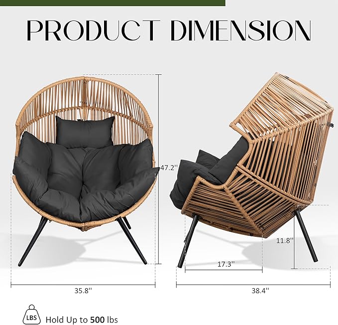 JAMFLY Egg Chair Wicker Outdoor Chairs, Oversized Patio Chair Oversized Lounger Chair with Cushion for Indoor Living Room, Bedroom, Outside Patio Backyard Balcony, Gray Cushion