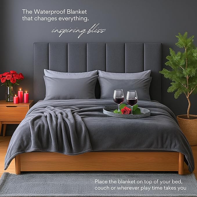 Waterproof Blanket King Size (Gray, 82x82") Absorbent, Leakproof Fleece Protector for Bed, Couch - Water Proof and Stain Resistant, Plush Throw Blankets, Moisture Repellant Top Cover, Sherpa Throws
