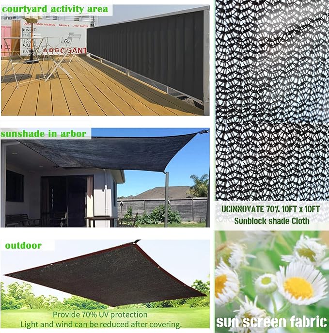 UCINNOVATE Sunblock Shade Cloth 70% Shade Net Greenhouse Covers 10ft x 10ft Fabric Mesh Tarp Sunshade Sunscreen UV Resistant Netting with Grommets for Garden Patio Lawn Plant Parking Yard or Kennel
