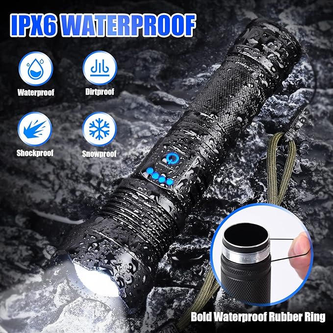 Foleto Rechargeable LED Flashlights High Lumens,Super Bright Flashlight, Powerful Tactical Handheld Flash Light, 5 Modes Zoomable Waterproof Flash Lights for Camping, Emergency