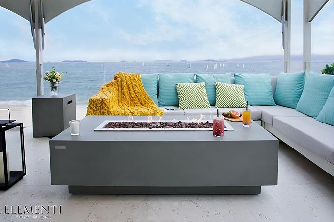 Elementi | Granville Gas Fire Pit Cast Concrete 60" Rectangular Fire Table, Outdoor Fire Pit Electronic Ignition | Canvas Cover, Lava Rock Included | Light Gray (Natural Gas)