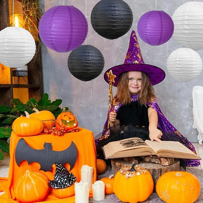 BEISHIDA 12Pcs Purple Black White Paper Lanterns Decorative Chinese/Japanese Hanging Round Paper Lanterns Lamp for Halloween，Birthday, Wedding, Christmas, Bridal,Home Decor, Party Decoration