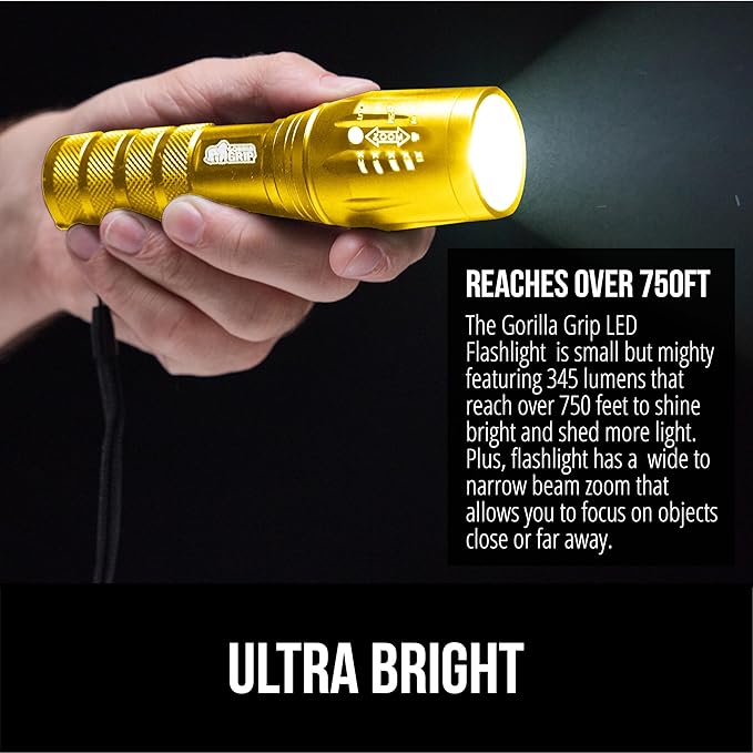 GORILLA GRIP Powerful LED Tactical Flashlight, 750 FT High Lumens 5 Adjustable Modes, Water Resistant, Ultra Bright Zoom Flashlights, Small Mini Flash Light, Camping, Night Dog Walking, 2 Pack Gold