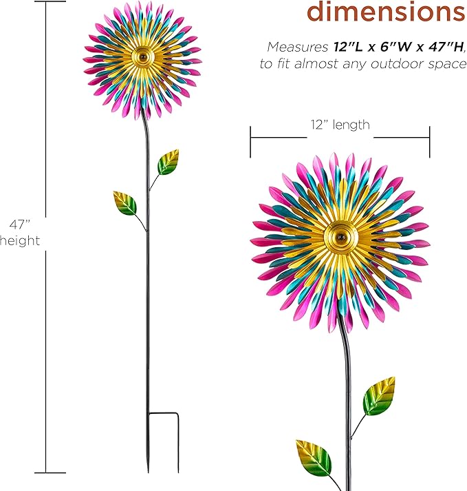 Alpine Corporation 47" Tall Outdoor Metal Windmill Triple Spinner Garden Stake Yard Decoration, Daisy