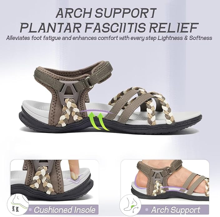 MEGNYA Hiking Sandals for Women, Arch Support Comfortable Walking Sandals Hook Loop Strap, Sports Lightweight Slides