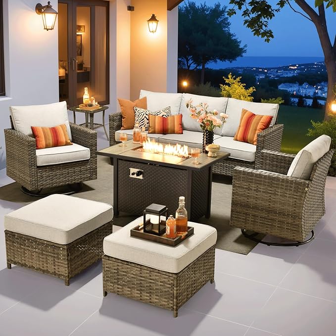 ovios 7 Pieces Patio Furniture Set with 42" Fire Pit Table, Outdoor Wicker Sofa with Swivel Chairs, All Weather High Back Rattan Couch Conversation Set, Grey