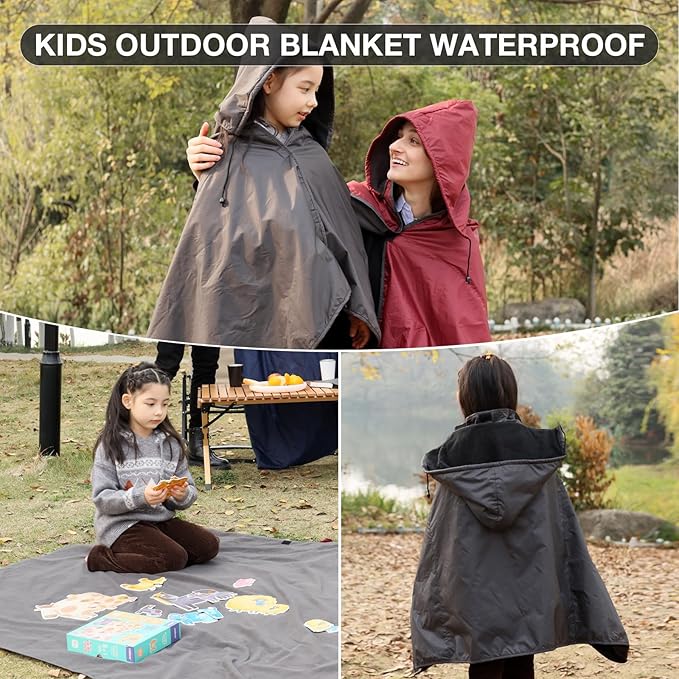 DUKUSEEK Hooded Stadium Blanket for Kids, Small Waterproof Outdoor Blankets with Fleece Linner, Kids Outdoor Wearable Blanket for Sporting Events, Camping, Picnic, Games, Stadium, 56x28