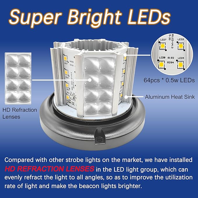 64LEDs Amber Strobe Lights for Trucks, 12-24V Safety Flashing Warning Light, 10 Modes Amber Emergency Lights for Vehicles, Magnetic Beacon Light for Trucks Vehicles Cars