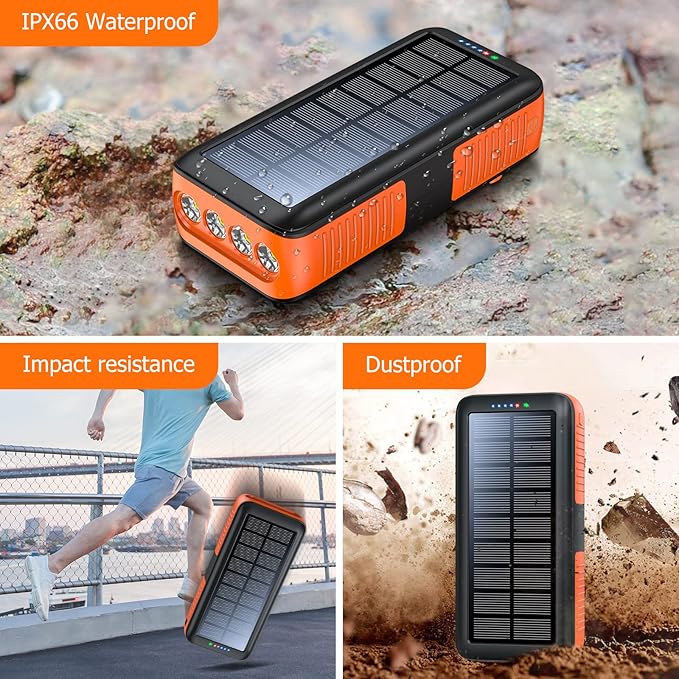 Solar Charger Power Bank 63200mAh, Portable Charger with Dual Outputs & Dual Inputs 4 LEDs Flashlight, Hand Crank Power Bank Fast Charging Battery Pack for Outdoor Camping Survival Gear