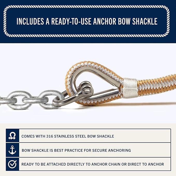 RainierSupplyCo Boat Anchor Rope - Double Braided Marine Rope Anchor Line - 50 ft x 3/8 Inch Nylon Boating Line with 316 Stainless Steel and Heavy Duty Marine Grade Bow Shackle - White/Gold