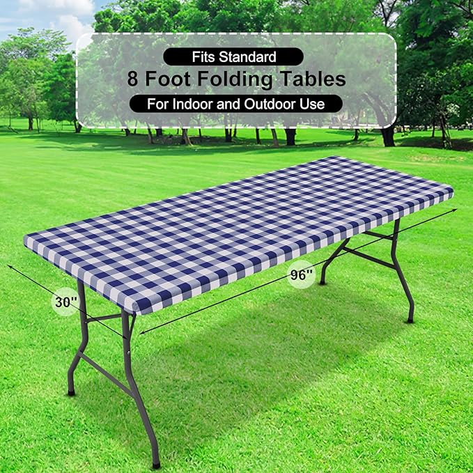 misaya Buffalo Rectangle Picnic Tablecloth, 8 Foot Elastic Fitted Vinyl Table Cloth with Flannel Backing, Waterproof Plaid Table Covers for Dining, Camping, Outdoor (Navy and White, 30" x 96")