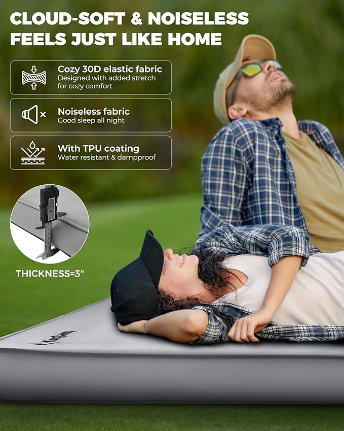 KingCamp Self Inflating Sleeping Pad, R 7.9 Air & Foam Camping Mattress 2 Person, 3" Thick Full Size Double Sleeping Pad with Air Pump for Camp Tent Outdoor Car, PVC Free (Grey)
