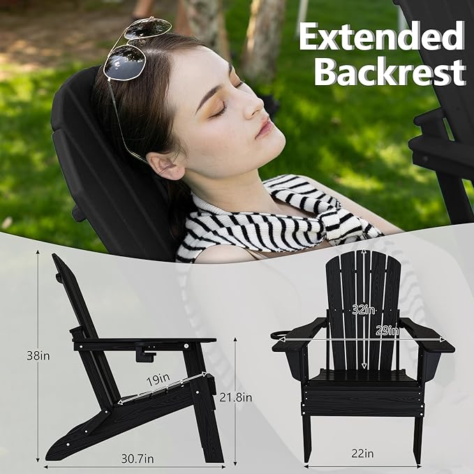Folding Adirondack Chair, Cup Holder, SGS Tested, Wooden Textured，Heavy All-Weather HDPE Comfortable Set Poolside Backyard Lawn Black Set 2