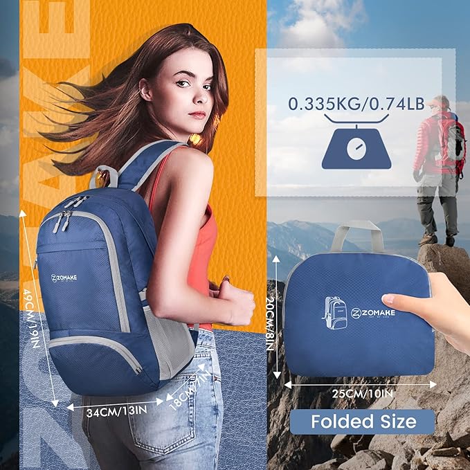 ZOMAKE Lightweight Packable Backpack 30L, Foldable Hiking Backpacks Water Resistant Compact Folding Daypack for Travel(Navy Blue)