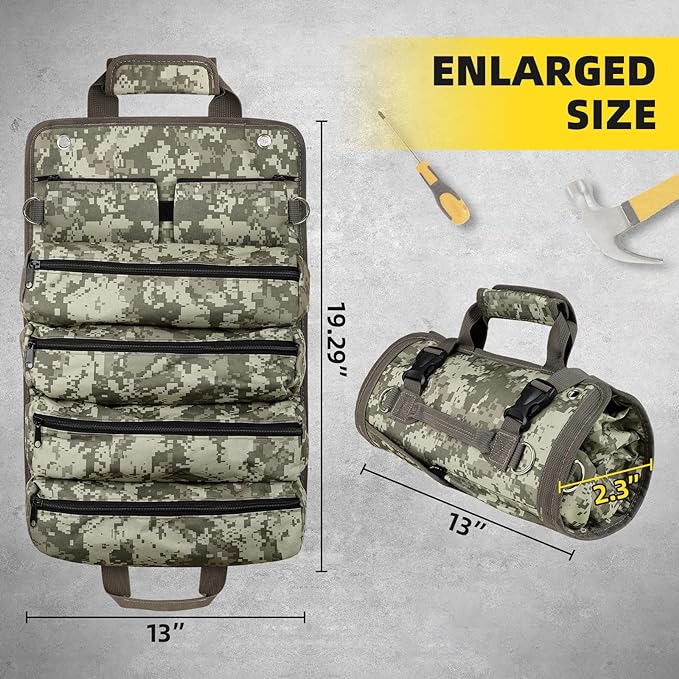 Tool Bag Roll Up, UUP Heavy Duty Rolled Empty Tool Storage Organizing, Portable Tool Roll Container with 2 Detachable Pockets, Folding Tool Holder, Father Day Dad Men Electrician Gift, Camouflage