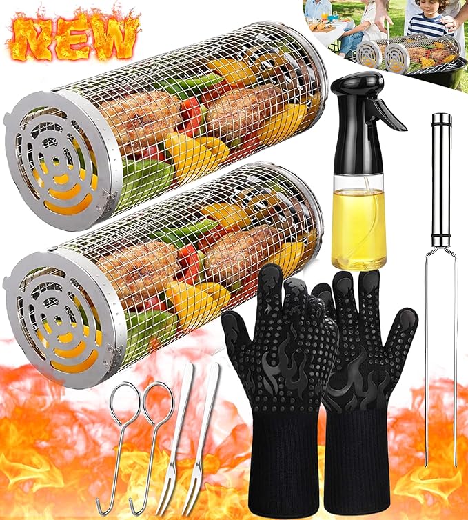 Rolling Grilling Baskets for Outdoor Grill Bbq Net Tube Stainless Steel Lid Large Round Mesh Barbecue Wire Cylinder Cage Picnic Must Haves Tools Food Cooking Basket for Veggies Vegetable Fish Meat