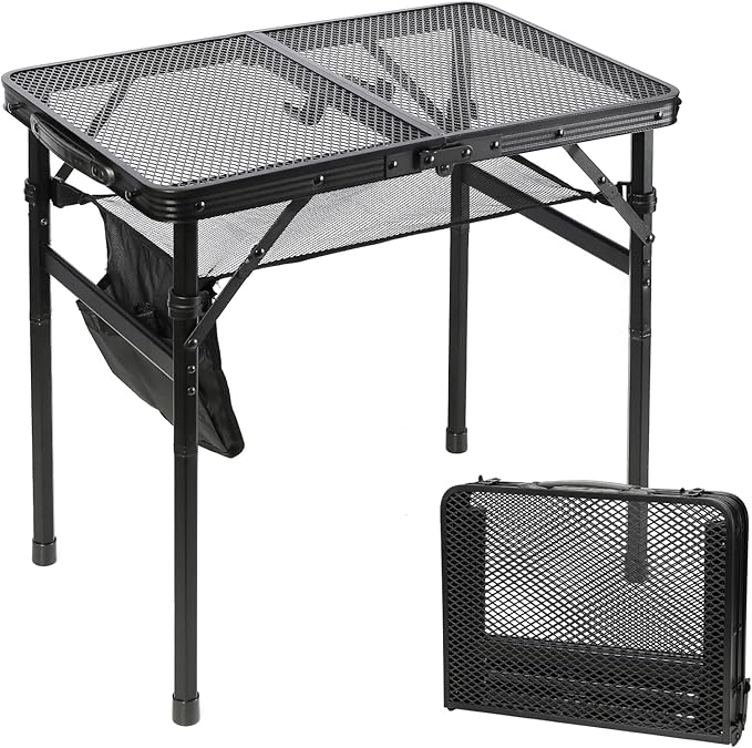 Small Floding Grill Table with Mesh Layer, 2 Height Adjustable, Portable & Lightweight Metal Camping Table for Outdoor, Beach & BBQ - Compact (2 FT, Black)