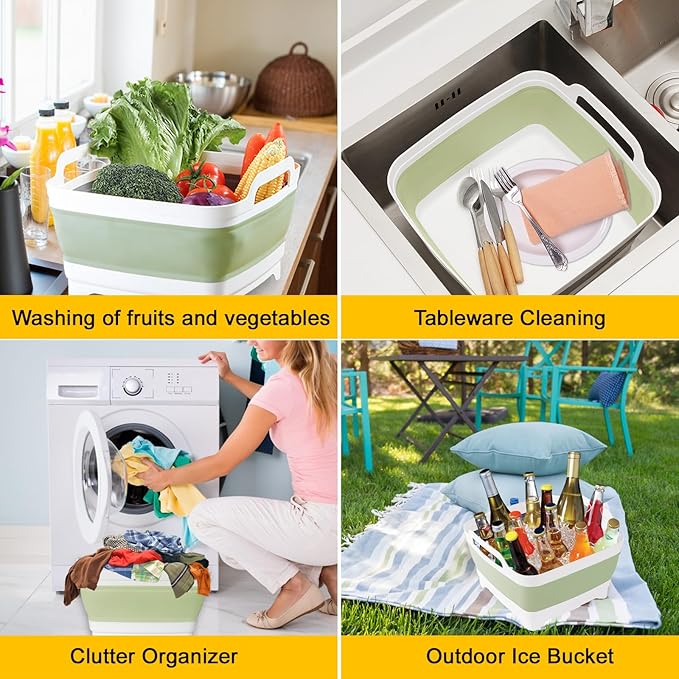 Collapsible Dish Tub 9L-Collapsible Basin Bucket Portable Sink-Outdoor Multiuse Foldable Sink Tub Wash Dish Basin for Kitchen Basin RV Camping (Green)
