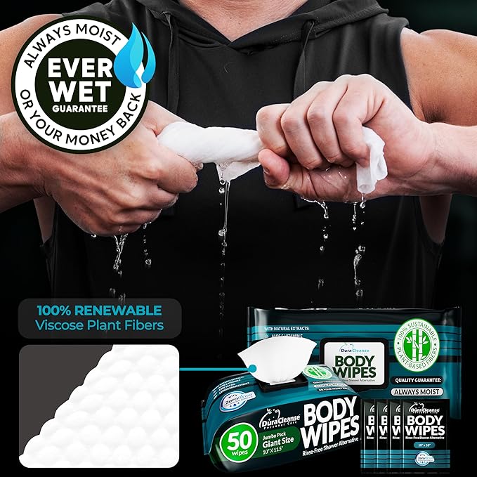 XL Body Wipes for Men - 50 No Rinse Shower Sheets + 4 Travel Bath Sachets - 9"x12" After Gym Mens Deodorant Wipes - Adult Disposable Washcloths, Face Towels for Camping Essentials & Survival Gear