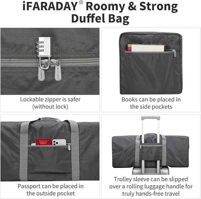 Foldable Duffle Bag for Travel - 75L Large Spare Travel Duffel Bag Lightweight with Trolley Sleeve - Grey