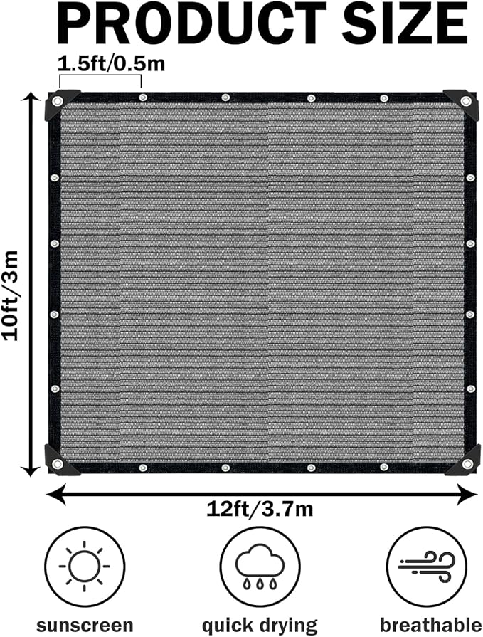 Grey Sun Shade Cloth,Pergola Shade Cover with Reinforced Grommets,90% Shade Fabric Fence Privacy Screen Balcony,Pergola Shade Cover Canopy Garden Carport Porch Deck Patio Shade Cover,10x12FT