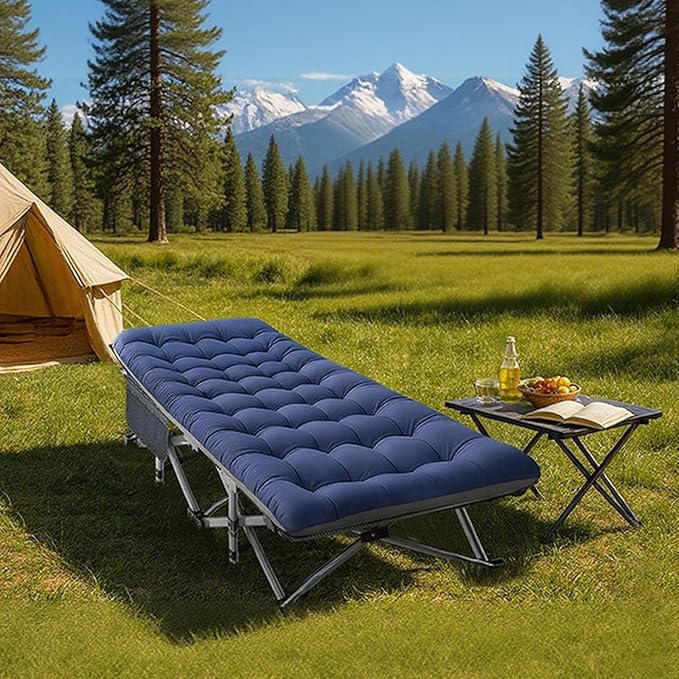 LILYPELLE Folding Camping Cot, Extra Wide Heavy Duty Sleeping Cots with Carry Bag, Double Layer Oxford Portable Travel Camp Cots for Home, Office Nap and Outdoor Beach
