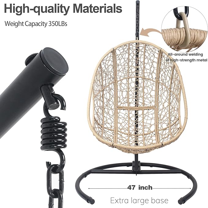Hanging Egg Chair with Stand - Egg Swing Chair Outdoor Indoor Patio Wicker Chair Swing Hammock Egg Chairs 400lbs Capacity for Outside Patio, Bedroom, Garden and Balcony（Beige-Nest, 1PC）