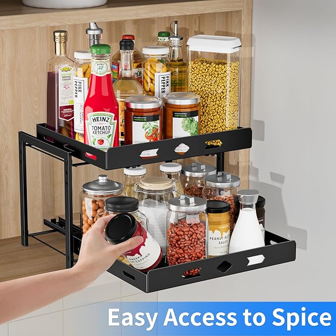 Spice Organization for Cabinet, 2-Tier Cabinet Spice Rack, Height Adjustable Vertical Spice Rack Pull Out for Kitchen, Cabinet, Pantry (14.1''Wx10.8''Dx9.2''H, Metal Black)