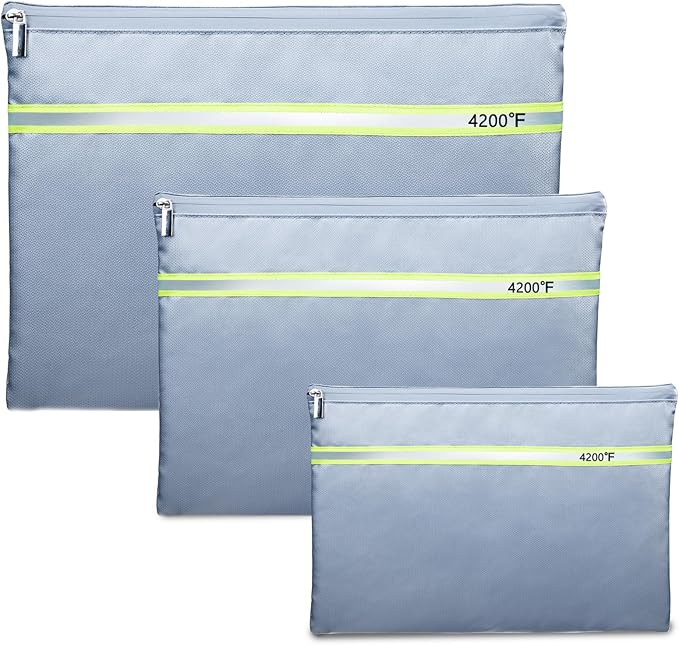 Fireproof Document Bag – 3 Pack (15" x 11", 13" x 9.7", 10.5" x 8") Fireproof & Water- proof Document Organizer | Document Holder with Zipper Secure for Cash, Passports, Check& More