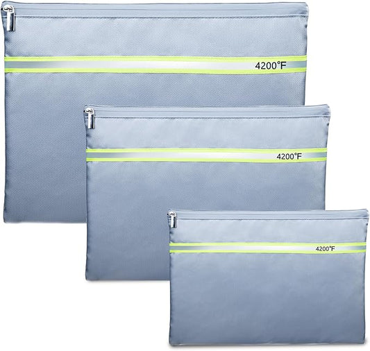 Fireproof Document Bag – 3 Pack (15" x 11", 13" x 9.7", 10.5" x 8") Fireproof & Water- proof Document Organizer | Document Holder with Zipper Secure for Cash, Passports, Check& More
