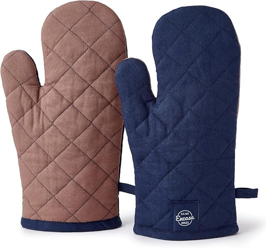 Encasa Heat Resistant Cotton Oven Gloves Mitts (2 Pc Set) - Quilted & Safe 12x7 in - for Kitchen, Cooking & Baking, Grilling, Handling Hot Pots & Pans - Scotch Blue